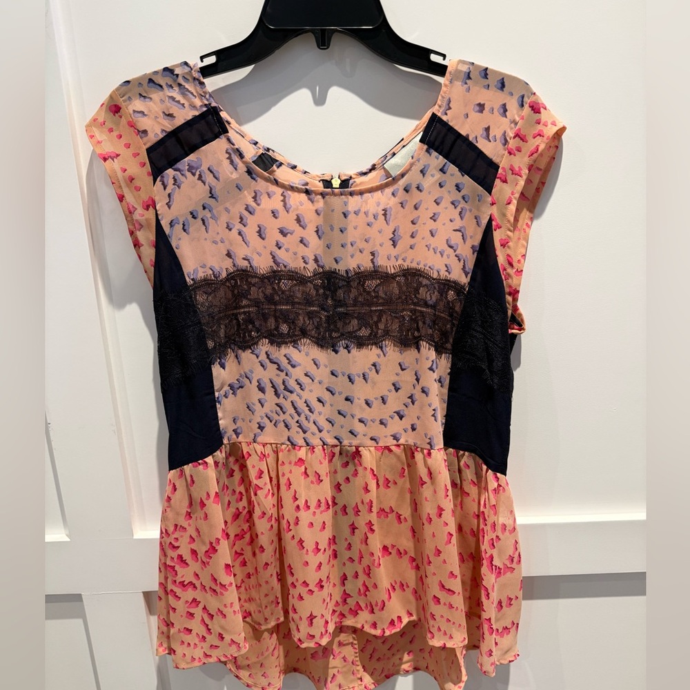 Maeve for Anthropologie Blush Pink Peplum Top with Navy Panels and Black Lace